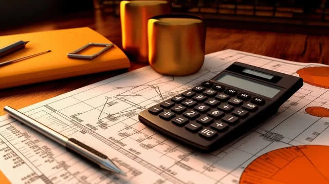 Mesa de trabalho contábil com calculadora, planilhas e relatórios financeiros